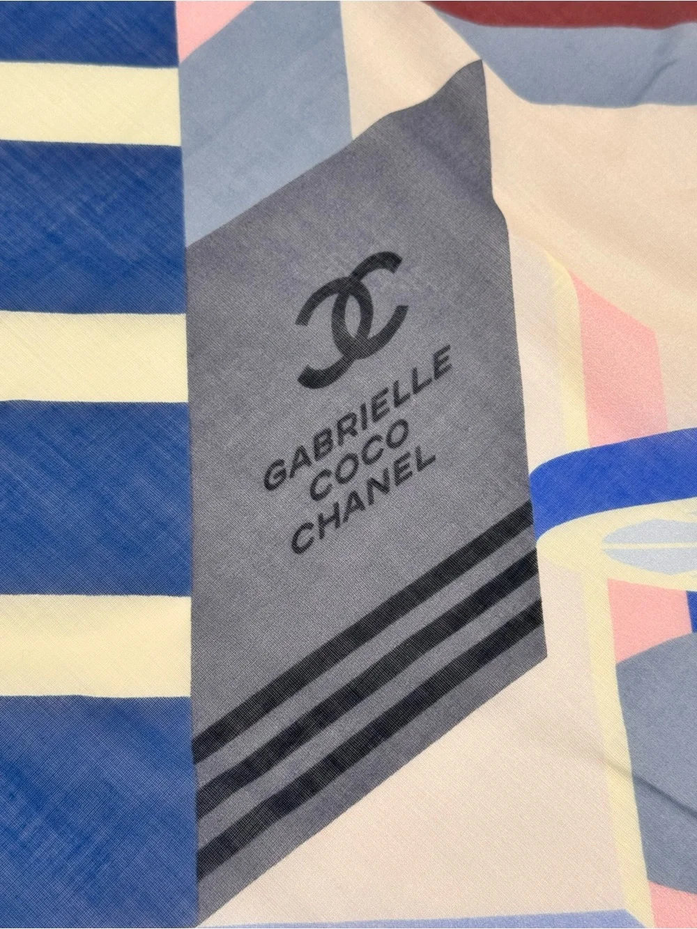 Vintage CHANEL Gabrielle Coco Chanel Silk Scarf Blue Red Graphic Print Italy
